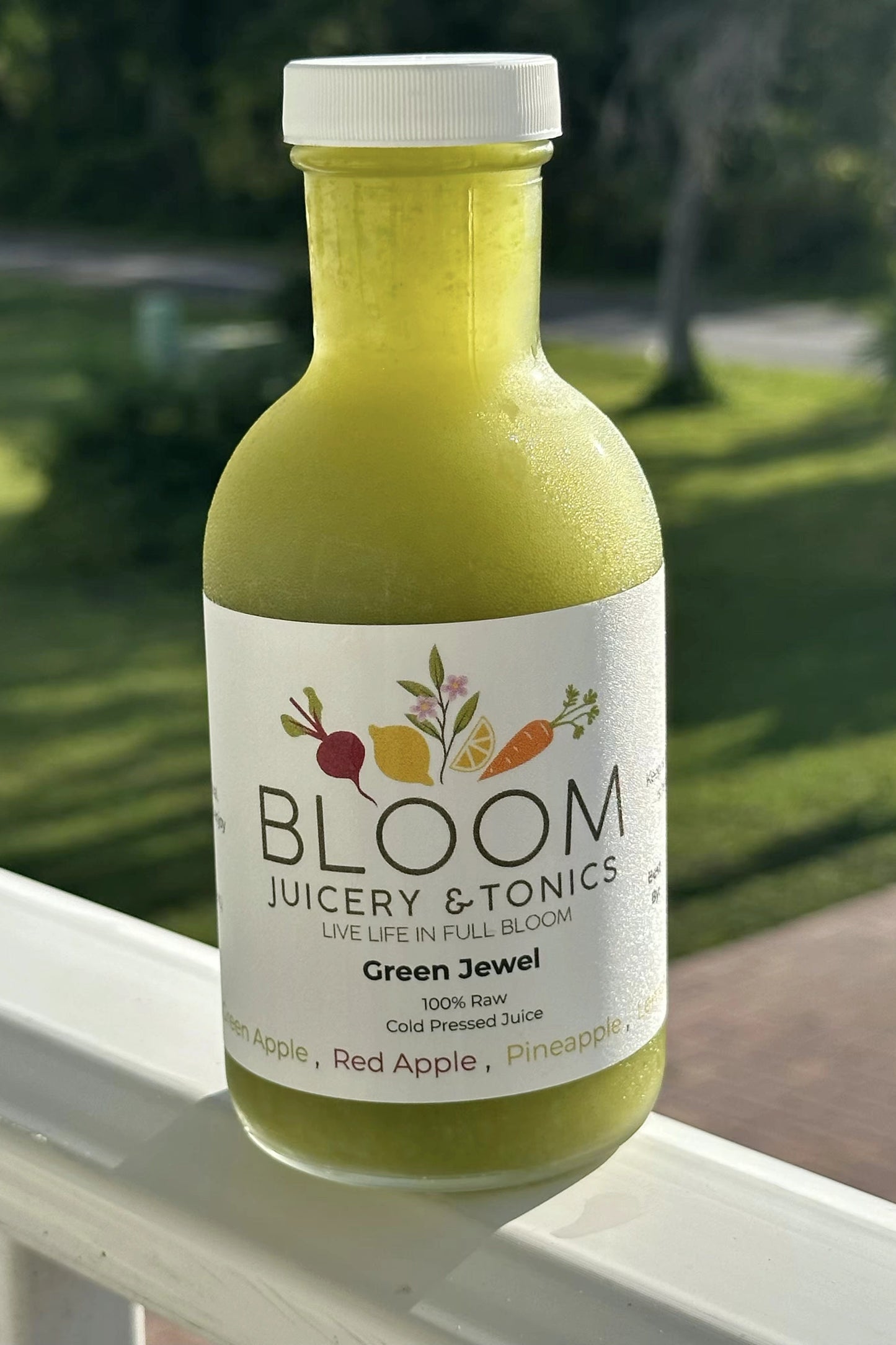 Bottle of Bloom Juicery & Tonics Green Jewel juice on a white surface with a blurred green outdoor background.