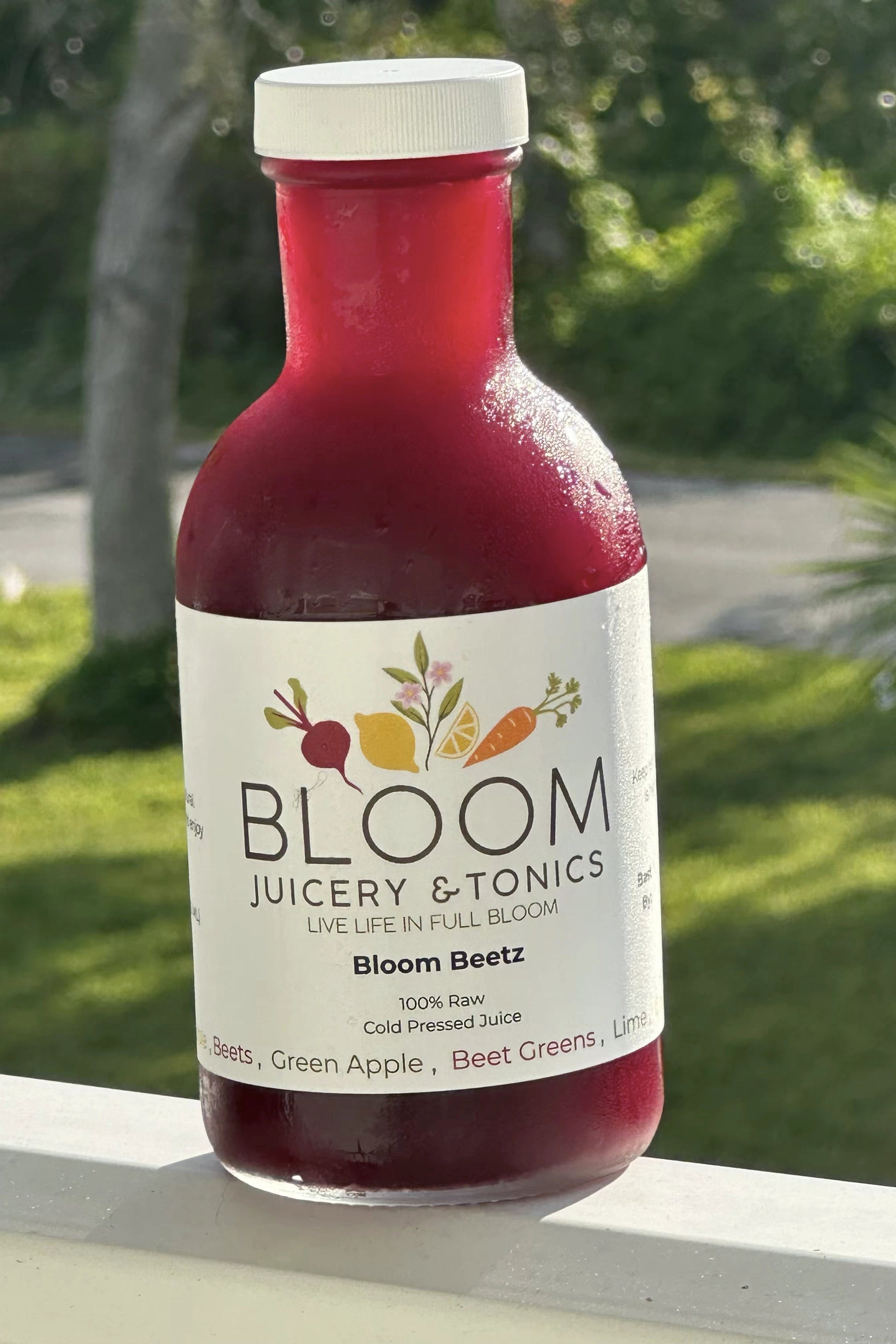 Bottle of Bloom Juicery & Tonics Beet juice with a blurred green outdoor background